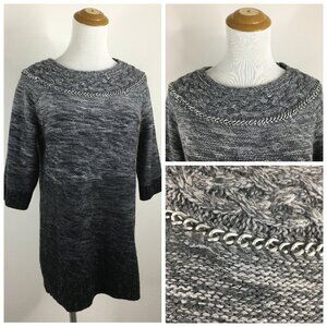 RACHEL ROY 3/4 Sleeve Ombre Black Gray Knit Silver Chain Wool Blend Sweater